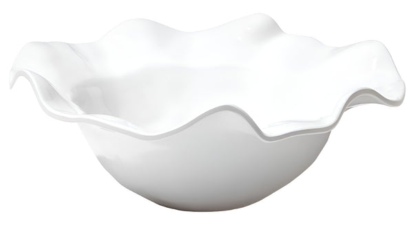 Photo of a Beatriz Ball VIDA Havana Melamine Serving Bowl, featuring luxury white melamine with ruffled edges and a glossy finish, standing against a white background.