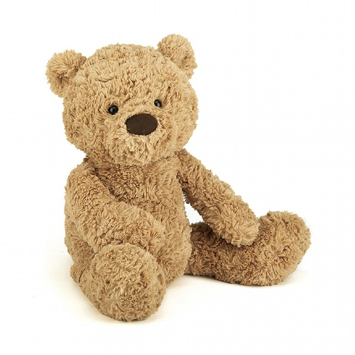 A Jellycat Bumbly Bear, Medium with dark eyes and nose, reminiscent of vintage style, sits upright on a plain white background, perfect for bedtime hugs.