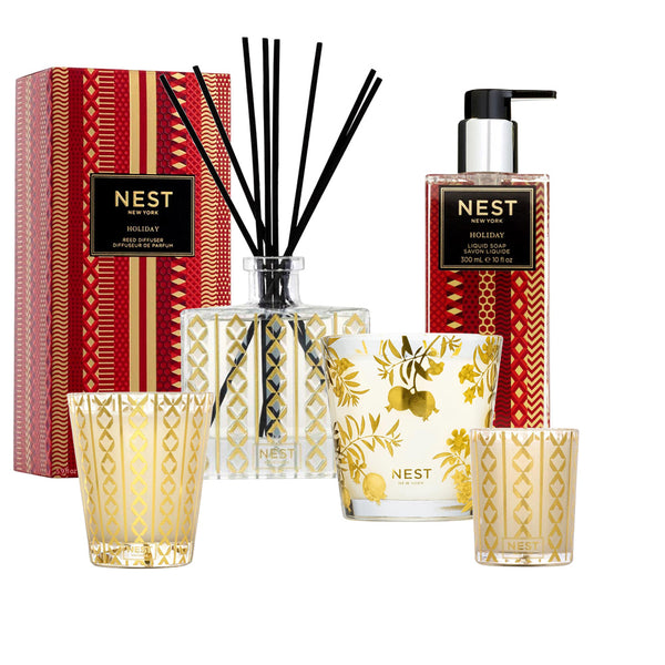 Explore the NEST Holiday Collection by Nest, an ideal choice for the festive season. This set includes Nest candles infused with seasonal scents, a beautifully packaged gifting box, a diffuser, and a pump bottle. It features two candles with exquisite decorative designs to enhance any environment.