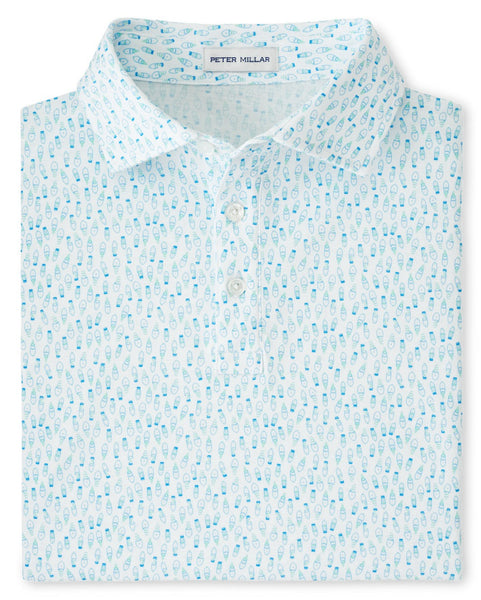 Blue fish-patterned white polo, three-button placket, with the "Peter Millar" label on the inside collar.