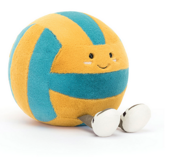 A plush toy resembling a volleyball with blue and yellow stripes, the Jellycat Amuseables Sports Beach Volley features a smiling face and small legs with white shoes. This cuddle toy is perfect for both playtime and snuggles.