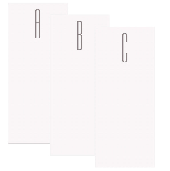 Three vertical panels from the Black Ink Skinny Initial Notepad in gray, elegantly display large, thin black letters "A," "B," and "C" while set in a lucite holder.