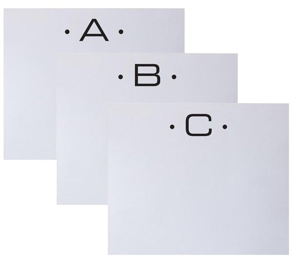 Three sheets from the Black Ink Large Initial Notepad, Black, labeled A, B, and C, feature two dots flanking each letter.