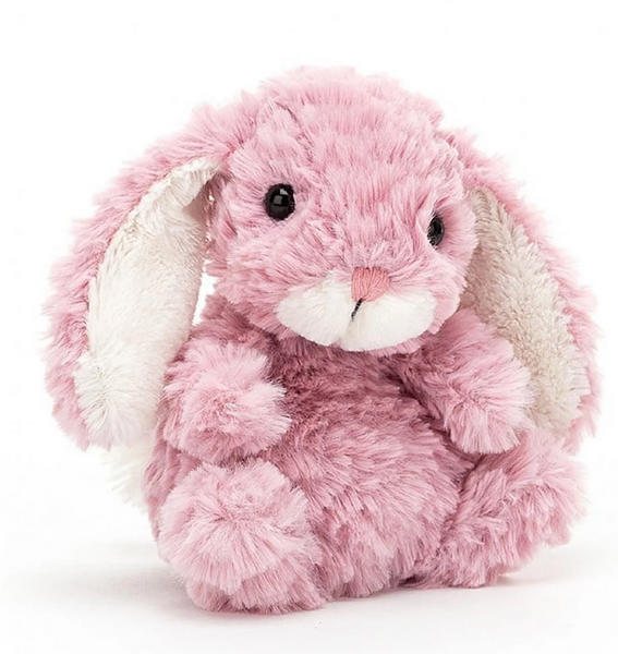 A soft plush toy bunny named Jellycat Yummy Bunny Tulip Pink, with Tulip Pink fur, long ears, and large black eyes sits against a white background.