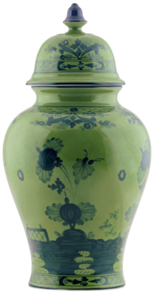 The GINORI 1735 Oriente Italiano Vase with Cover, Malachite from Ginori 1735 is a green porcelain piece with a lid, adorned with intricate blue floral patterns and decorative designs.