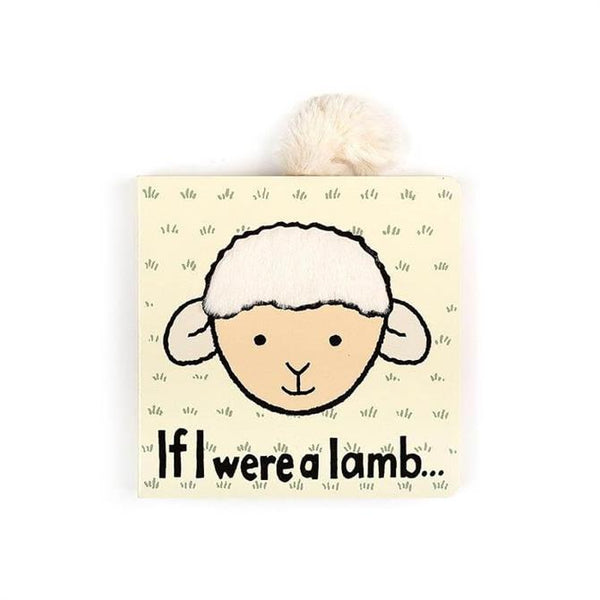 A Jellycat children's lamb board book cover featuring a cartoon lamb's face with the title "Jellycat If I Were a Lamb Board Book" and a small fluffy pompom on top. Ideal for newborns and upwards, it boasts soft fleece textures perfect for little hands.