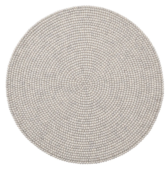 A round, beige woven **Kim Seybert Driftwood Placemat, Gray** featuring a pattern of small, uniformly arranged beads, perfect for outdoor entertaining.