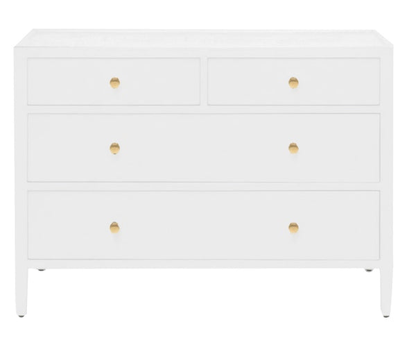 Introducing the Jarin Designer White Faux Belgian Linen Dresser Collection by Made Goods—a minimalist white dresser expertly crafted with quality and featuring European glides on two small top drawers and three larger bottom drawers, each elegantly adorned with a single round gold knob.