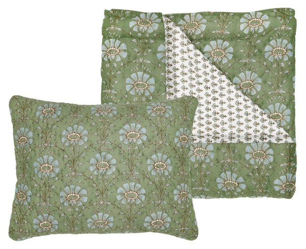 The John Robshaw Jeeva Sage Bedding Collection features a sage green floral quilt and pillow set with a delicate white patterned underside, expertly crafted from soft cotton voile.