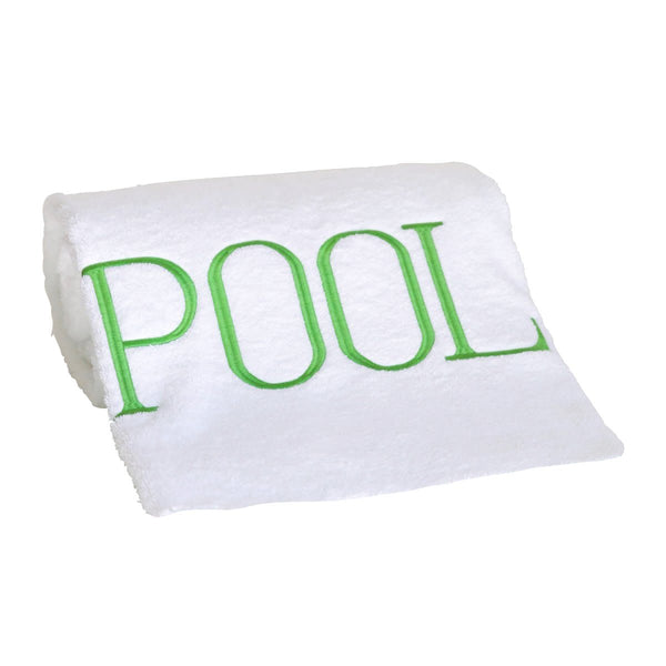 A luxurious poolside accessory, the Pool Towel, Kiwi by Hamburg House features the word "POOL" embroidered in green letters.