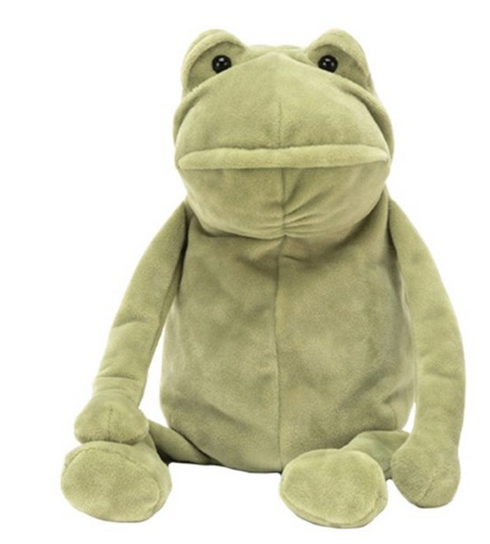 The Jellycat Fergus Frog, Medium is a plush toy, crafted with soft velour and stuffed with polyester fibers. He boasts a gentle green body, round black eyes, and long limbs, sitting upright on a white background.