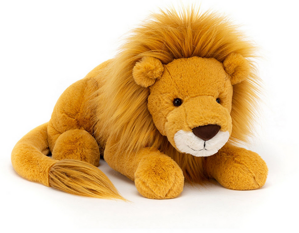 Jellycat Louie Lion, Large, a plush toy with soft honey fur and a darker mane, lies peacefully on a white background. Crafted from polyester fibers, this adorable lion offers both comfort and charm.