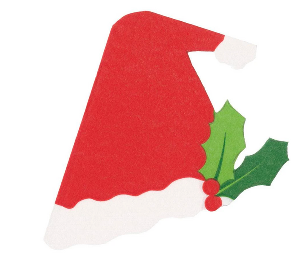 The Caspari Santa Hat Party Napkins feature an illustration of a red Santa hat with white trim, embellished with green holly leaves and red berries. These festive napkins are crafted from soft paper linen using nontoxic dyes.