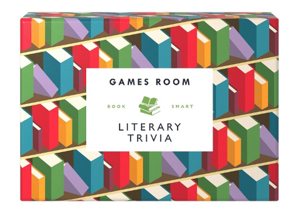 A box labeled "Literary Trivia" from Chronicle Books, featuring a colorful book pattern on the sides, tests your literary knowledge with intriguing multiple-choice questions.