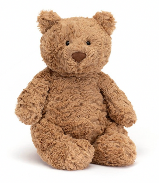 A fluffy brown teddy bear with black eyes and a brown nose is sitting upright, ready to be your perfect bedtime buddy: the Jellycat Bartholomew Bear, Medium from Jellycat.