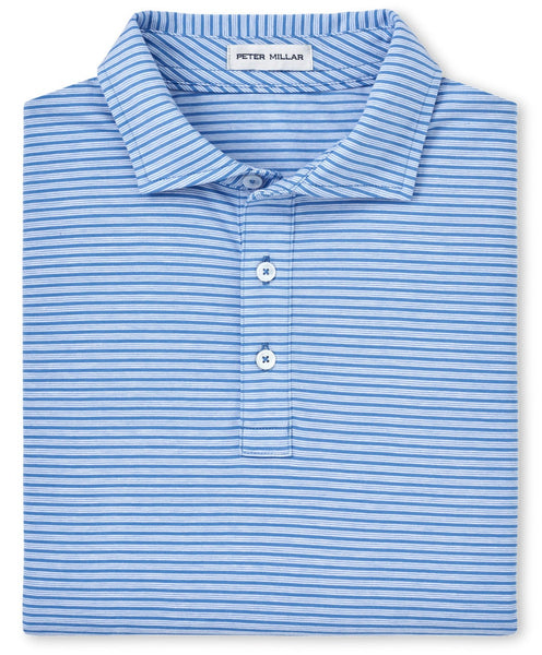 Folded Peter Millar Crown Comfort Cotton Trip Stripe Polo in blue and white stripes with a classic fit, made from luxurious Pima cotton, featuring a collar and three buttons down the front.