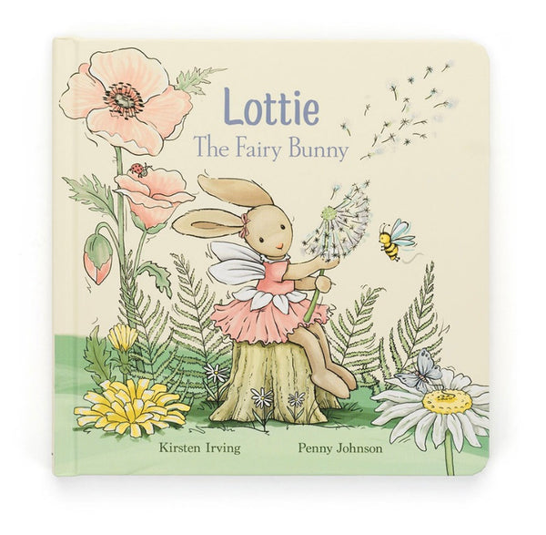 The children's book cover titled "Jellycat Lottie Fairy Bunny Book" by Jellycat features an enchanting illustrated fairy bunny with wings, sitting on a tree stump, surrounded by vibrant flowers and holding a dandelion.