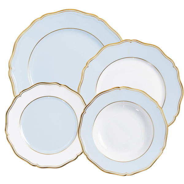 Four elegant plates from the Raynaud Mazurka Or Fond Bleu Gris Collection, in varying sizes and shapes, featuring light blue borders with gold trim and white centers, displayed against a white background. Each porcelain piece from the renowned Raynaud brand is meticulously hand-painted, showcasing exquisite craftsmanship.