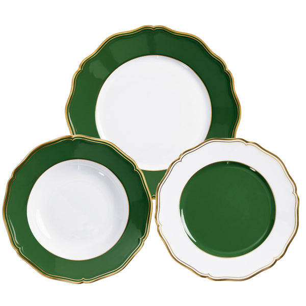 Three decorative plates from the Raynaud Mazurka Or Fond Vert Collection, featuring gold-trimmed scalloped edges and hand-painted green and white sections arranged in different patterns.