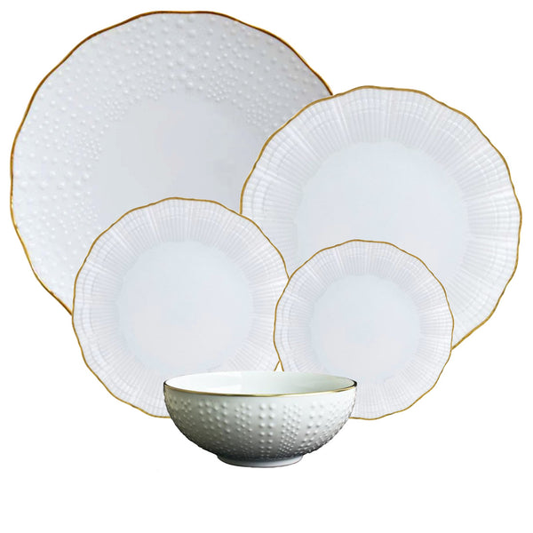 Introducing the Medard de Noblat Corail Gold Collection by Medard de Noblat/Devine: a charming set of five white porcelain dishes with a whimsical seaside style. This collection features textured raised relief patterns and gold rims, and includes two large plates, two smaller plates, and a bowl.