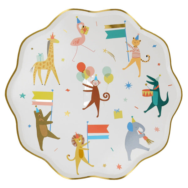 A decorative Meri Meri Dinner Plate from the brand Meri Meri features whimsical illustrations of various animals in party hats, including a giraffe, flamingo, monkey, alligator, bear, lion, cat, and elephant—all celebrating. The scalloped edge design makes it perfect for baby showers or children's parties.