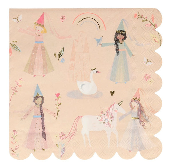 A Meri Meri Large Napkins featuring illustrations of four princesses, a swan, a unicorn, and a castle with a rainbow. Made from FSC mix paper, the 3-ply napkin has scalloped edges and floral accents.