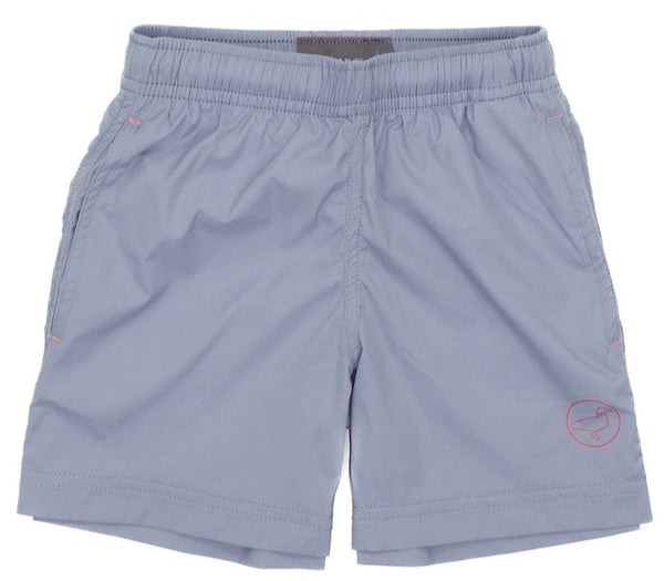 The Properly Tied Boys' Drifter Short in light blue features an elastic waistband and a logo on the lower right leg, making it perfect for classic boys' adventures.