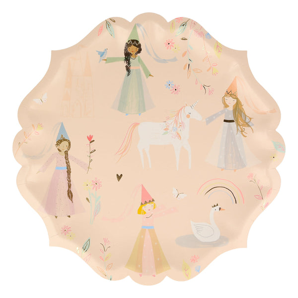 A Meri Meri Side Plates featuring illustrations of princesses, a unicorn, a swan, and floral motifs on a light pink background.