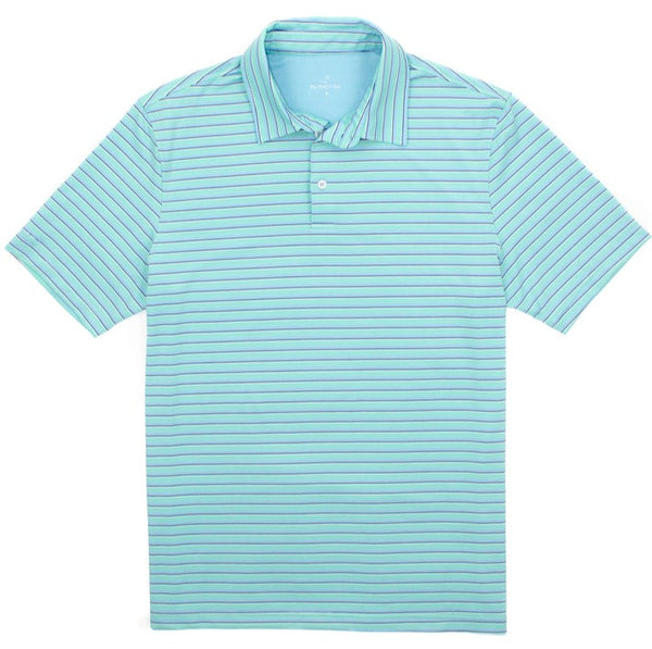 The Properly Tied Boys' Watersound Polo by Properly Tied is a boys' classic—a comfortable light blue short-sleeve polo shirt with navy stripes, featuring a collar and three buttons.