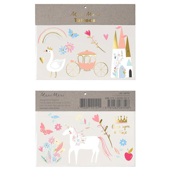 Two sheets of Meri Meri Large Tattoos feature whimsical designs such as a swan, carriage, castle, rainbow, unicorn, and butterflies. Perfect as a gift for guests or a party activity. Packaging indicates the product is designed in England and made in China.