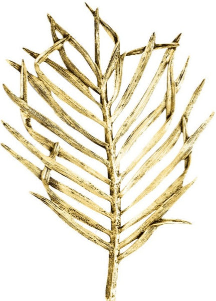 The Michael Aram Palm Trivet, by Michael Aram, features a gold-colored stylized palm frond with sculpted textures and an antique gold finish, isolated on a white background.