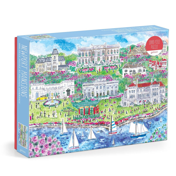 Discover the Michael Storrings Newport Mansions 1,000 Piece Puzzle by Chronicle Books, featuring an intricately illustrated scene of majestic seaside mansions from the Gilded Age, complete with elegant sailboats on a bright sunny day.