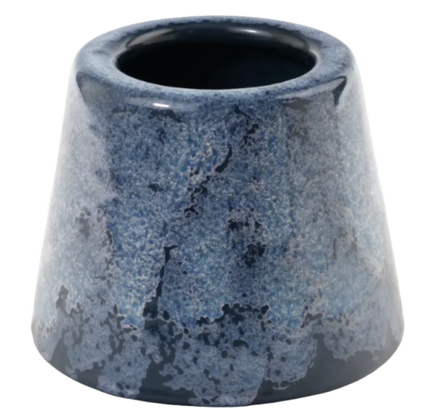 A blue, cone-shaped ceramic pencil holder with a hand-painted, textured, marbled surface, similar to the Zafferano Reablu Poldina Pro Lampshade by Zafferano America.