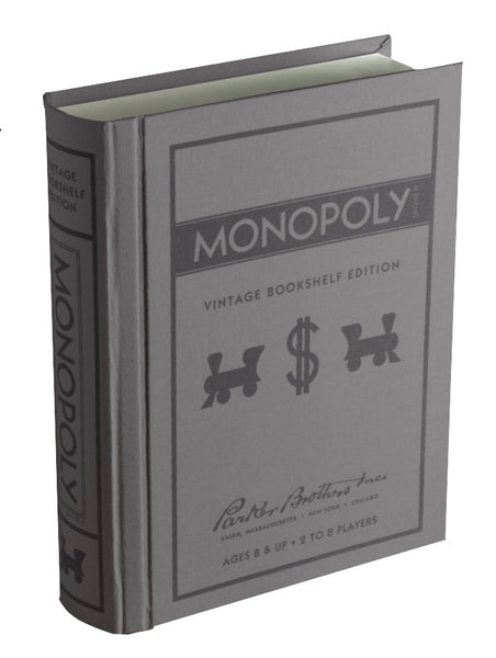 A gray book-shaped box adorned with the title "Monopoly Vintage Bookshelf Edition" on both the cover and spine, this WS Game Company product is designed to resemble a classic hardcover. Suitable for ages 8 and up, it accommodates 2-8 players.