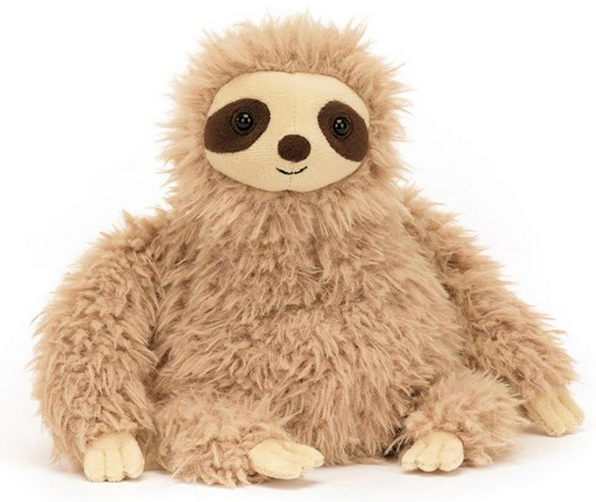 A Jellycat Selma Sloth with shaggy, light brown fur, round dark brown eye patches, and a small, smiling face. This relaxing toy features adorable embroidered paws, making it the perfect snuggle buddy.