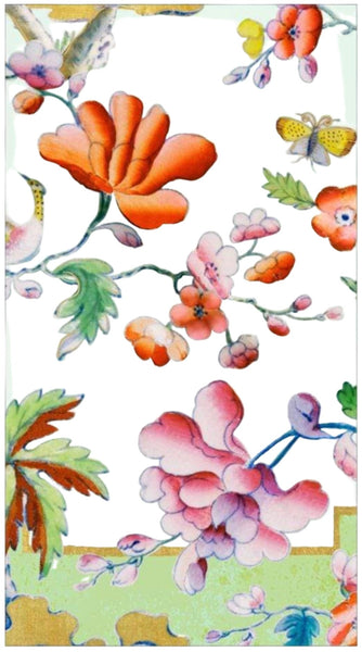 The Caspari Summer Palace Celadon Guest Towels by Caspari showcase a vibrant floral illustration featuring large orange and pink flowers, green leaves, a butterfly, and a border with pastel green and yellow shades. Perfect for adding an elegant touch to your table setting with eco-friendly napkins.