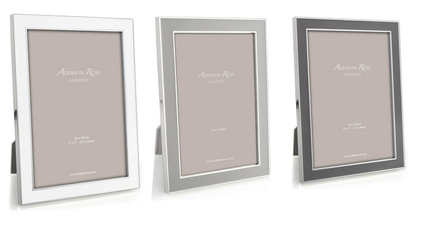 Three frames from the Addison Ross Enamel and Silver Frame Collection, elegantly designed to display 5x7 inch photos, are arranged side by side on a white background. Each frame from Addison Ross offers a portrait or landscape display option.