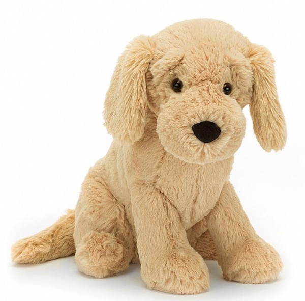 A plush tan Jellycat Tilly Golden Retriever with floppy ears and a dark nose sits upright against a white background, its beanie paws adding an extra touch of softness.