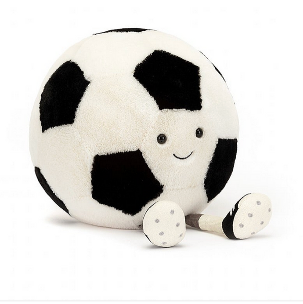 A Jellycat Amuseable Sports Soccer Ball shaped like a soccer ball with a smiling face and small legs wearing black and white shoes, perfect for any football fan gift. Part of the adorable Jellycat collection.