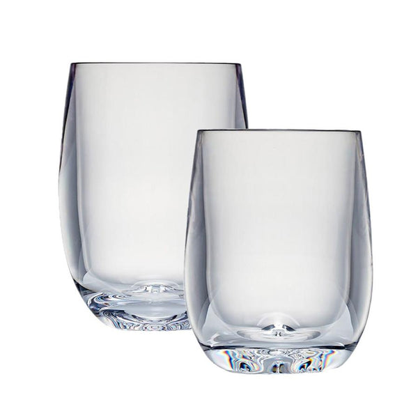 Two empty, clear stemless wine tumblers from the Bold Oasis Acrylic Collection with a thick base, placed against a white background.