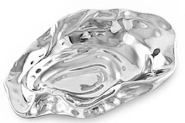 A shiny silver aluminum alloy dish with a wavy, irregular design resembling an oyster shell, displayed on a plain white background. This versatile Beatriz Ball Ocean Oyster Bowl, Small is perfect for any occasion and should be hand-wash only.