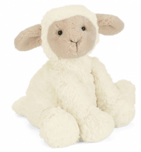 The Jellycat Fuddlewuddle Lamb is a soft toy with a beige face and ears, and a white fluffy body, sitting upright as if it's cuddling a cloud.