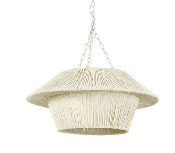 A beige, woven rattan pendant lamp with a conical shade design, suspended by a metal chain and featuring natural abaca rope accents is the Serena Chandelier by PALECEK.