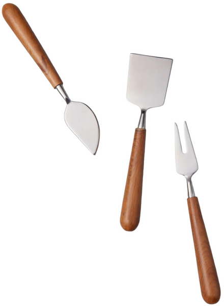 This Be Home Stainless Steel and Teak Cheese Set of 3, part of the Almora Collection, features three essential cheese knives: one with a round tip, one with a square tip, and one two-pronged fork – perfect additions to any kitchen.