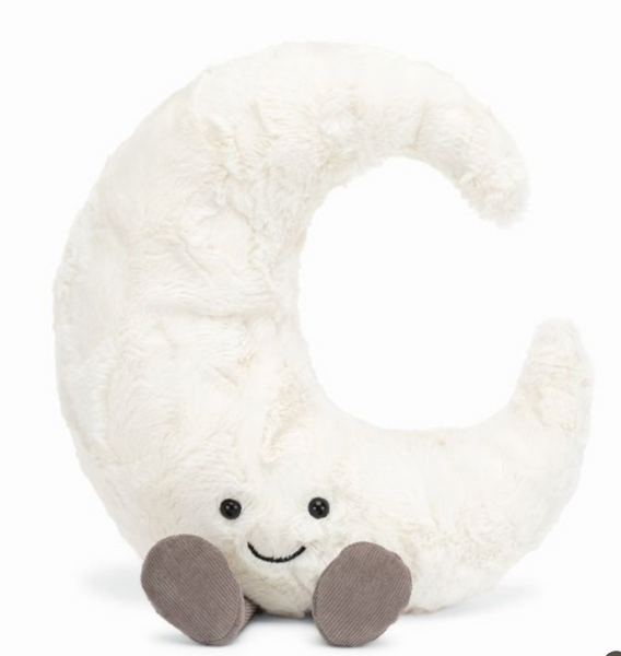 The Jellycat Amuseables Moon is a plush toy shaped like a crescent moon with a smiling face, black eyes, and two gray feet, perfect for bedtime hugs.