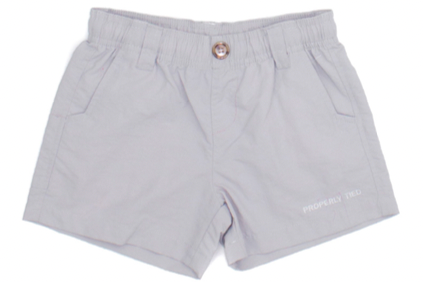 Light gray Properly Tied Mallard shorts with an elastic waistband and a single button, featuring two side pockets and labeled "Properly Tied".