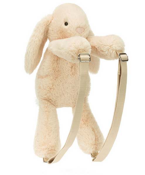 Introducing the Jellycat Smudge Rabbit Backpack by Jellycat—a plush bunny-shaped bag with adjustable beige fabric straps and sleek metal buckles, set against a plain white background.