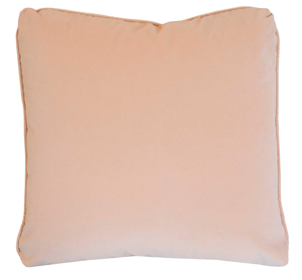 The Hyeres Peche Pillow by Associated Design is a square beige cushion featuring plain fabric and stitched edges, displayed against a white background. This custom down-filled pillow measures 22" x 22", ensuring both comfort and elegance for your living space.