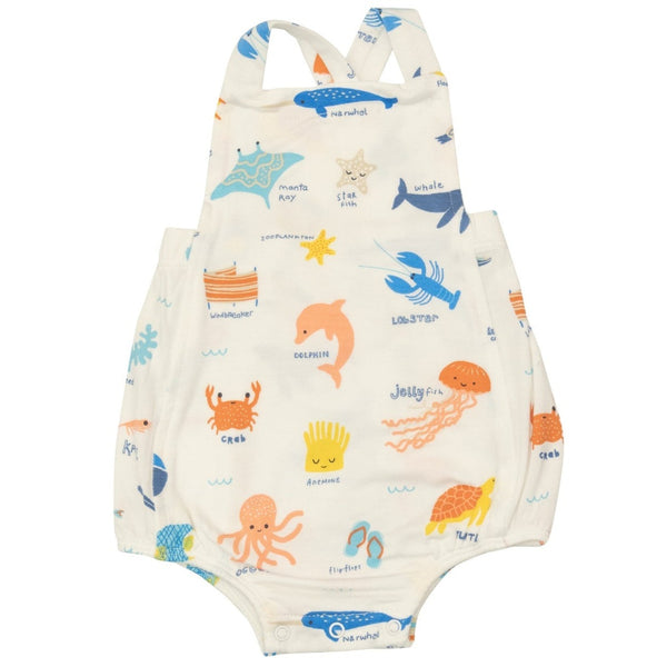 An Angel Dear Retro Sunsuit adorns this 100% organic cotton baby romper.