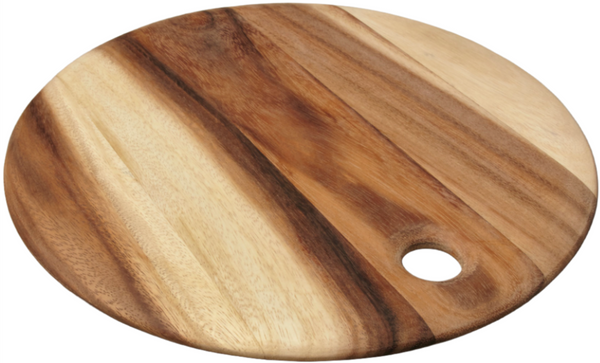 A member of the Be Home Acacia Wood Round Board Collection, this round cutting board is designed with a hole near the edge for convenient hanging. Crafted by Be Home, the sustainably sourced acacia wood highlights beautiful natural grain variations in light and dark shades.